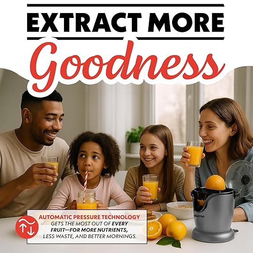Gourmia Automatic Citrus Juicer - 17 oz Capacity, One-Touch Operation, Universal Cone, Anti-Drip Spout, Dishwasher-Safe Accessories, Compact Quiet 60W Motor