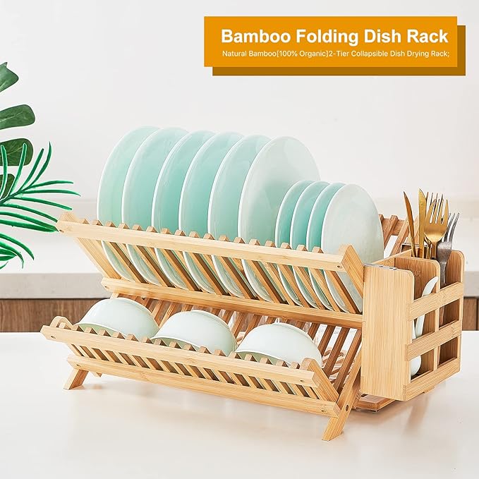 Bamboo Dish Drying Rack, 3 Tier Collapsible Wooden Dish Drainer Rack with Utensil Holder, Plate Rack for Kitchen Counter, Large Folding Drying Holder 51 pcs Grid