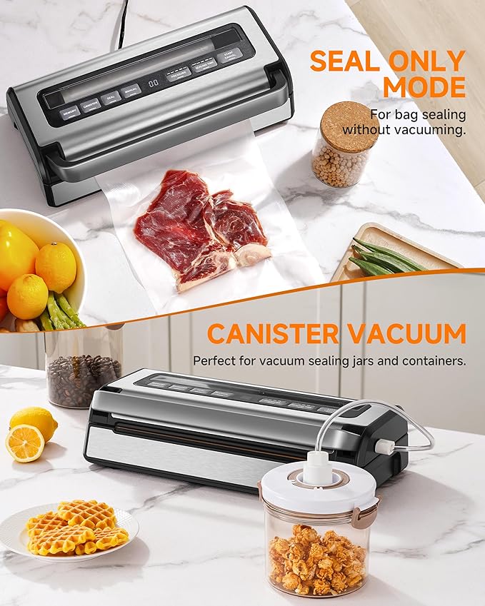95KPa Automatic Vacuum Sealer, 9-in-1 Food Sealer for Dry/Moist/Liquid Foods, Double Heat Seal & Pump, Includes Bag Rolls & Hose, Stainless Steel