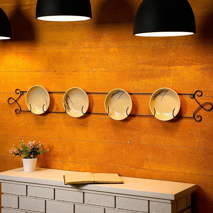 2 Pcs Horizontal Plate Rack Black Large Plate Hangers for the Wall Metal Decorative with 4 Non Adjustable Brackets for Collectible Plates Dishes Plaques