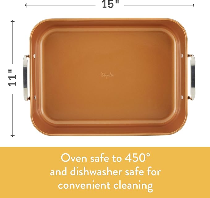 Ayesha Curry Nonstick Roaster / Roasting Pan with Rack - 11 Inch x 15 Inch, Brown