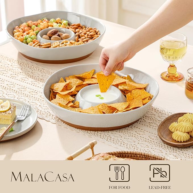 MALACASA Ceramic Chips and Dip Serving Tray, 12 Inch Large Divided Bowls Set for Salsa, Veggies & Dip, Appetizers, Snacks, Free-Form Serving Dish Platter for Parties Hosting & Entertaining, Gray