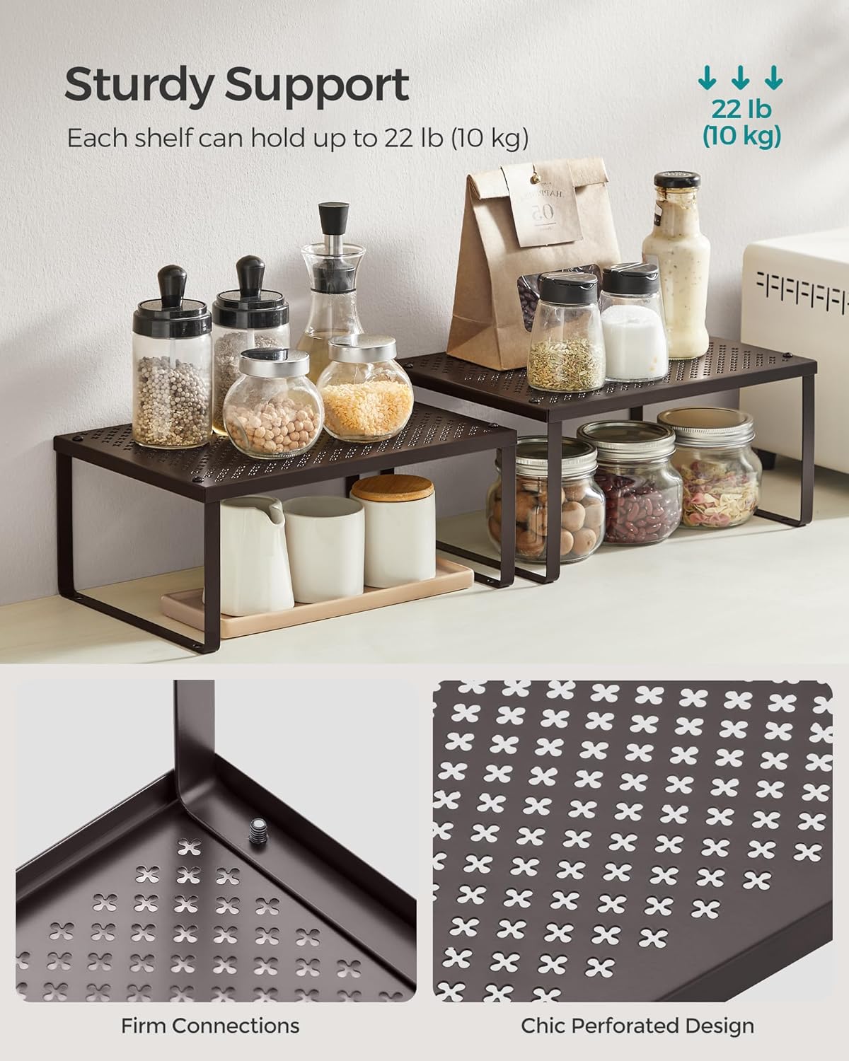 SONGMICS Spice Racks, Set of 4 Metal Cabinet Shelf Organizers, Countertop Organizers, Shelf Risers, Stackable, Expandable, Brown UKCS06BR