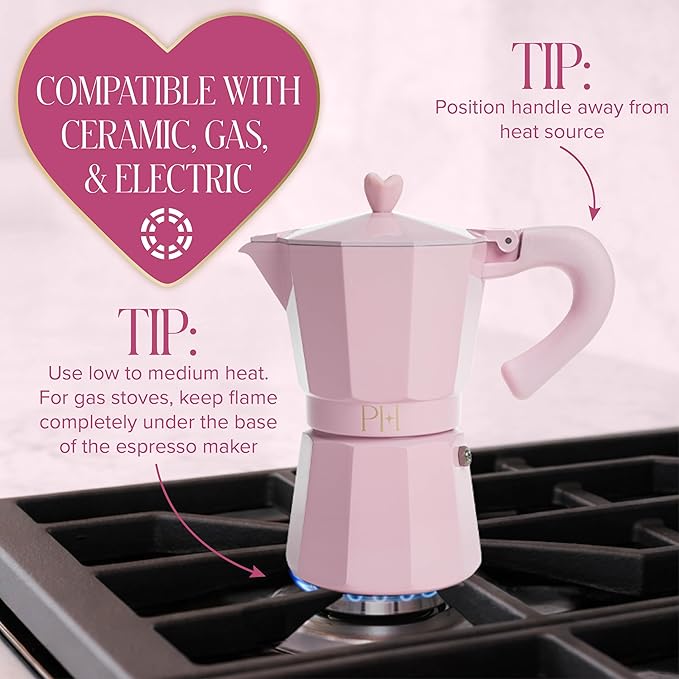 Paris Hilton Stovetop Espresso and Coffee Maker, Italian & Cuban Style Coffee Pot with Iconic Heart Knob, Perfect for Rich Aromatic Espresso, Makes up to 6 Espresso Cups, Pink