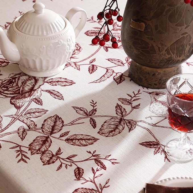 ISAENNE Designer Vintage Linen Table Cloth for Rectangle Table,Red Floral Pattern Linen Stain Resistant Tablecloth,Decor Tablecloths for Dining Thanksgiving Kitchen Party,55"*79"-Harmony