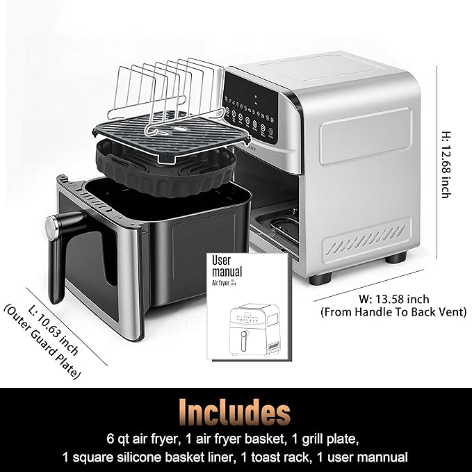 Stainless Steel Air Fryer Ceramic 12 in 1, Dual-Blazes in Steel Housing, 6QT 2-3 Servings Visible 8.27" Basket with Teflon-Free Premium Coating, 1700W, DAYBEST Dishwasher Safe Kits (Silver)