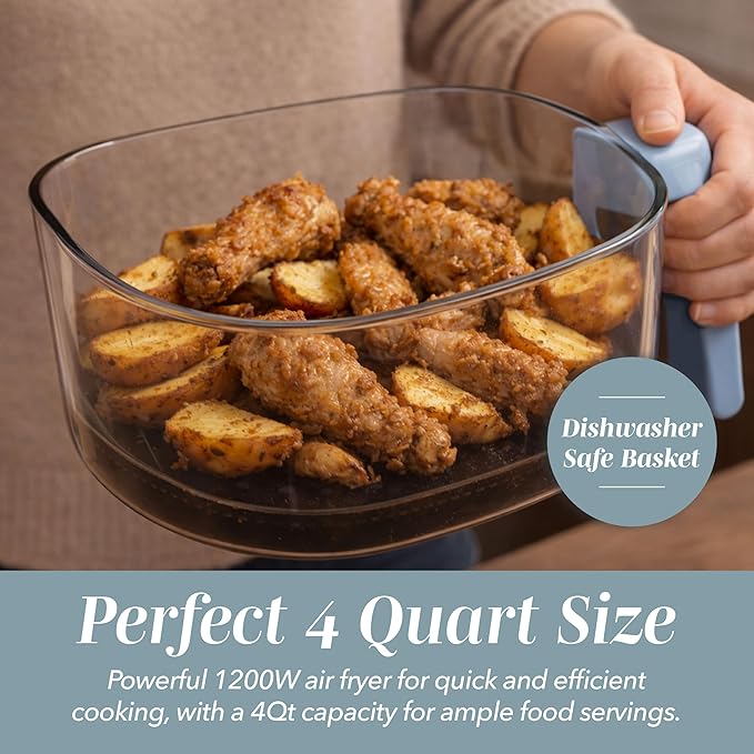 COOK WITH COLOR Colorful 1200W 4Qt Air Fryer: Glass Basket, Dishwasher Safe, 60min Timer, 6 Presets, Temp Control 175F-400F, 4 QT, Slate Blue