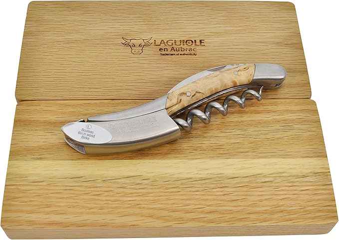 Laguiole En Aubrac Sommelier Waiter's Corkscrew, Birchwood Handle, Wine Opener With Foil Cutter & Bottle Opener, Brushed Bolster