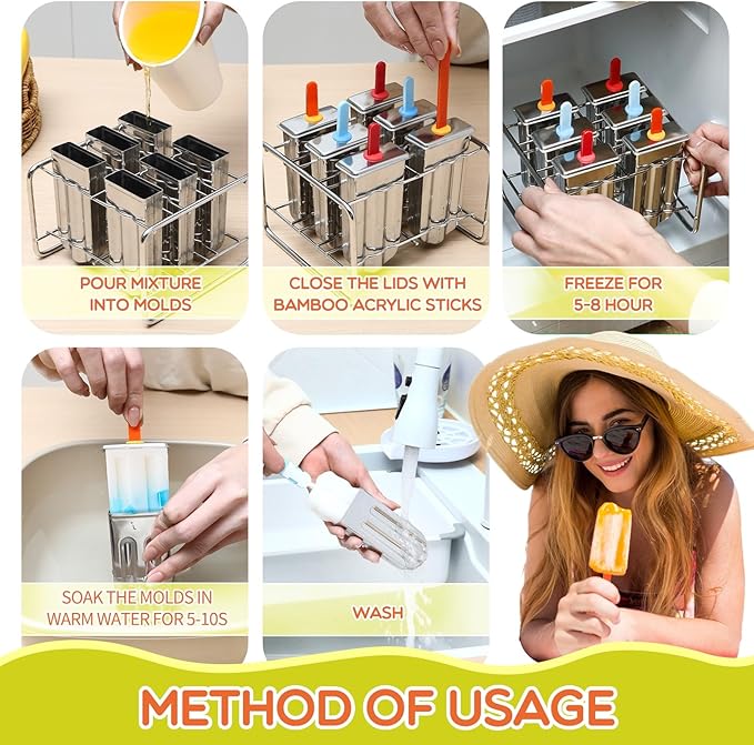 Jingmore Stainless Steel Pop Molds, 6 Round Head Metal Pop Molds with Holder & Reusable Sticks, Metal Ice Cream Makers for Frozen Yogurt Fruit Ice Cream Sorbet Making(Square)
