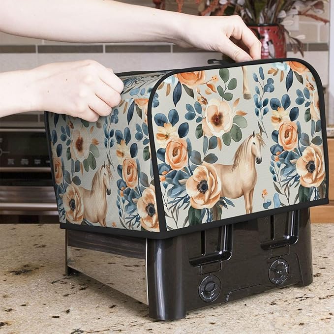 Beige Flower Horses Covers for 4 Slice Toasters,Cute Country Bread Machine Cover with Handle,Washable Stain Resistant Kitchen Small Appliance Cover Dining Decor