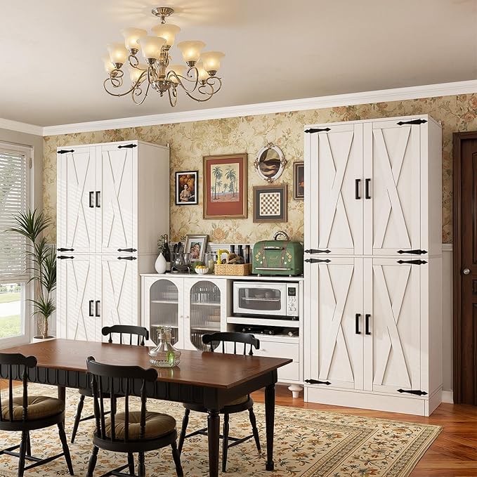 Unikito Kitchen Pantry Cabinet with Farmhouse Barn Doors and Storage Drawer, 8 Adjustable Shelves, Freestanding Tall 71" Cupboard for Dining Room, Living Room, Utility Room, White, 2 Pack