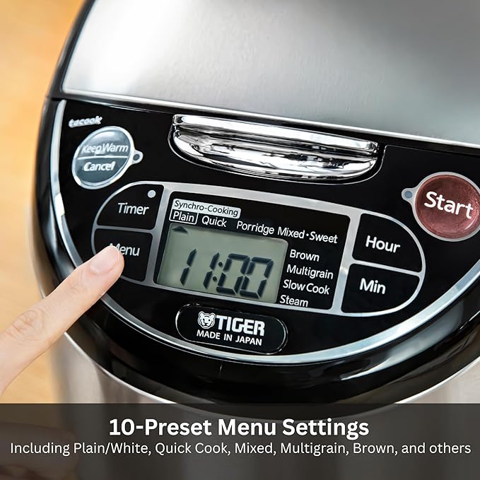 TIGER JAX-T10U-K 5.5-Cup (Uncooked) Micom Rice Cooker and Warmer with Tacook Food Steamer Cooking Tray Technology and 10 Auto-Cook Settings, Stainless Steel Black