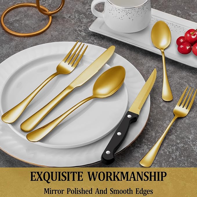 24 Pcs Gold Silverware Set with Steak Knives, Stainless Steel Flatware Cutlery Set Service for 4, Kitchen Tableware Set, Utensil Set for Home and Restaurant, Knives Forks Spoon Set, Dishwasher Safe