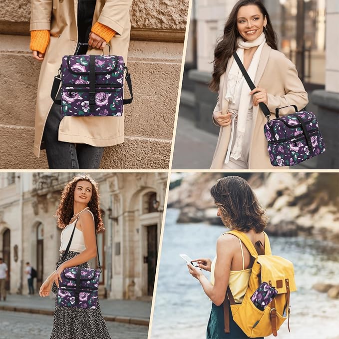 PBRO Double Deck Insulated Lunch Bag for Women,Large Reusable Lunch Box with Adjustable Shoulder Belt and Side Pockets,Cute Floral Leakproof Lunch Tote Cooler Bag for Adult Picnic,Working -Dark Purple