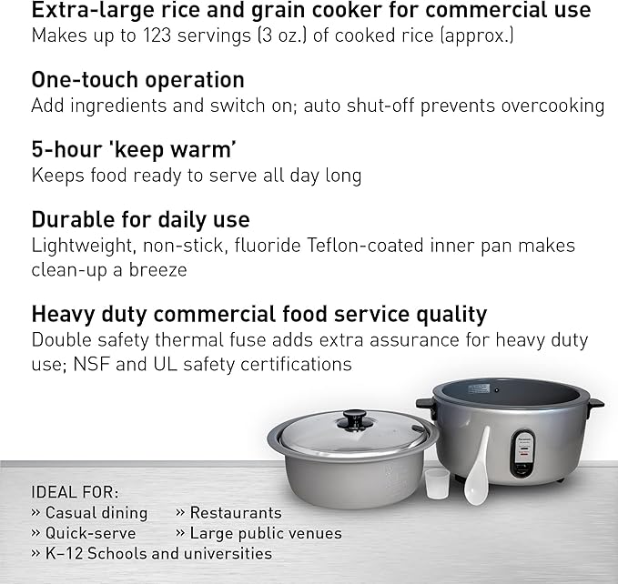 Panasonic Commercial Electric Rice Cooker, 120V Extra-Large Capacity 60-Cup (Cooked), 30-Cup (Uncooked) with One-Touch Operation - SR-GA541FH - Silver