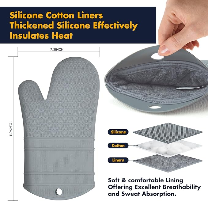 1 Pair Oven Mitts,Silicone Oven Mitts,Long Cooking Gloves,Heat Resistant Oven Gloves Grill BBQ Gloves,Kitchen Home Essentials,12.9"*7.48" Grey Mitt