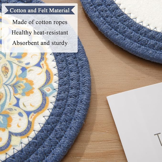 SHACOS 8 Inches Trivets for Hot Dishes, 4 Pieces Cotton and Felt Floral Pattern Trivet Mats for Kitchen, Hot Pads for Countertops and Table, Heat-Resistant Pot Holders for Hot Pots and Pans, Blue