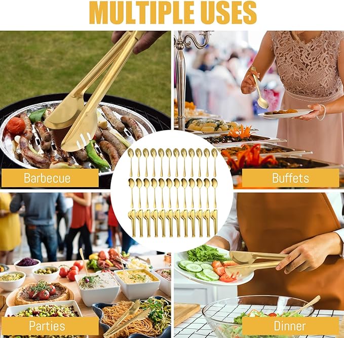 Sabary 36 Pcs Stainless Steel Serving Utensils for Buffet Parties Including 12 Serving Spoons 12 Slotted Spoons 12 Serving Tongs Large Metal Flatware Set for Tanksgiving Catering Banquet(Gold)