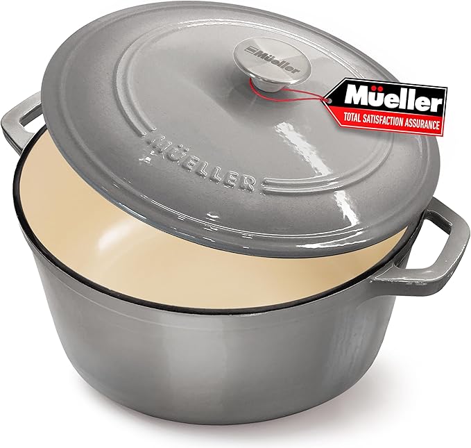 Mueller 6 Quart Enameled Cast Iron Pot Dutch Oven, Heavy-Duty Oven-Safe up to 500° F, & Across All Cooktops, Casserole Dishes for Ovens, Bread Pan with Lid and Knob, Cast Iron Cookware, Grey