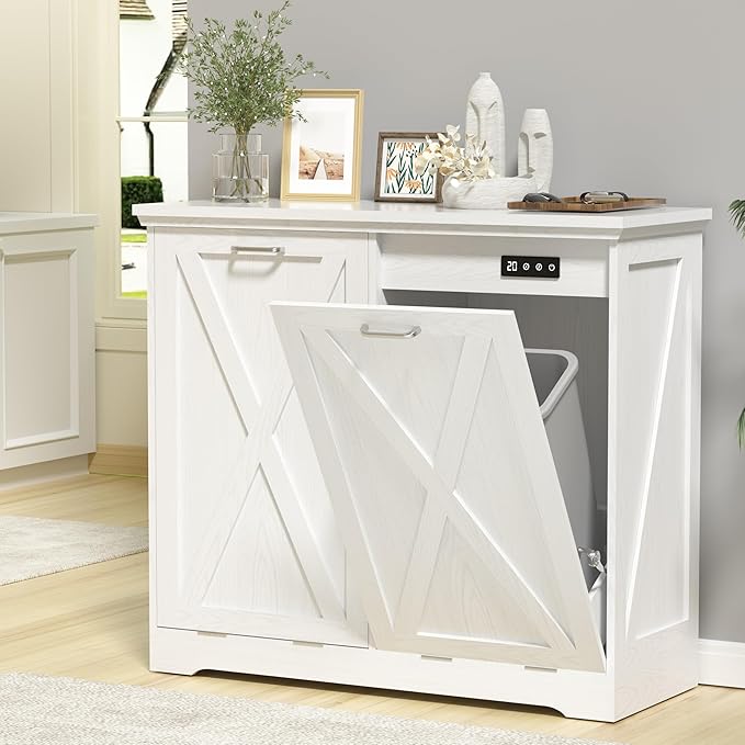 TOLEAD Tilt Out Trash Can Cabinet, 10 Gallon Kitchen Trash Cabinet Hidden Trash Can with Deodorizing & Negative Ion Pet Proof for Kitchen,Dining Room, Living Room,Double White