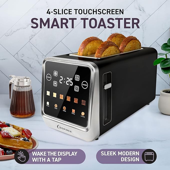 Inspirex Touch Screen Toaster - 4 Slice, 2 Extra Long Slots - 5 Bread Types and 6 Browning Levels - Defrost, Reheat, Favorite, & Single Slot Modes - For Toast, Bagels, & Waffles – Black