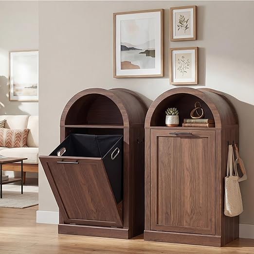 Arched Tilt-Out Trash Can Cabinet Set of 2,Laundry Hamper Cabinet with Foldable Laundry Basket,Wooden Hidden Garbage Can Cabinets with Metal Handle & Hooks,Walnut