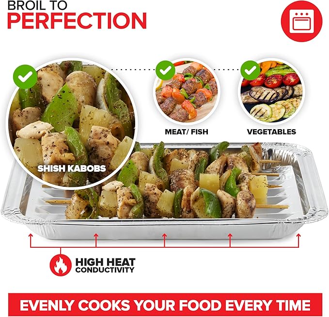 Stock Your Home Disposable Aluminum Foil Broiler Pan for Oven (25 Pack) Sheet Pans for Grilling, Roasting Rack, Trays with Ribbed Surface for BBQ Grill-Like Texture