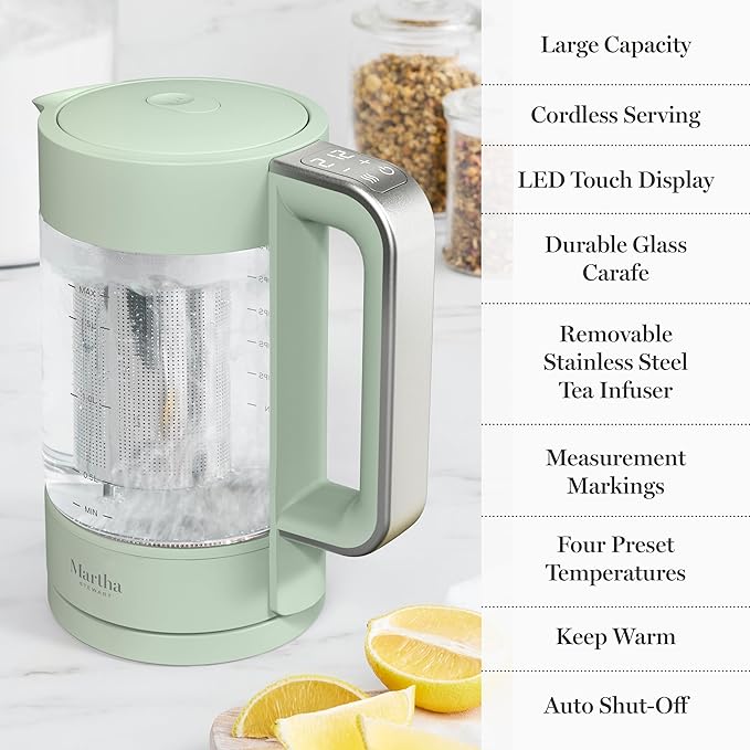 Martha Stewart Electric Kettle with Removable Stainless Steel Tea Infuser, Glass Carafe 1.7L (7 Cups), Hot Water Boiler, 4 Presets, Keep Warm & Auto Shut-Off, Cordless 360° Swivel Base, Honeydew Green