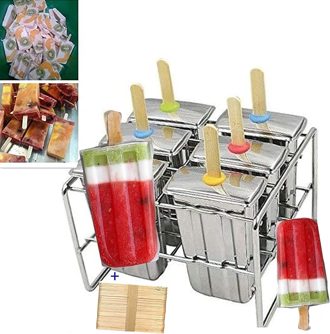 Stainless Steel Popsicle Molds and Rack - BPA Free Ice Pop Maker with Wooden Sticks