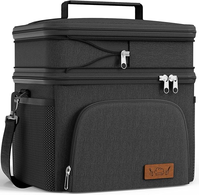 HOTOR Insulated Lunch Box for Men & Women - Leak-Proof Cooler Lunch Bag with 4 Pockets, Adjustable Strap, Ideal for Work, Picnic, Travel - Black, 2 Layers, Large, 11.81"×7.87"×13.39"