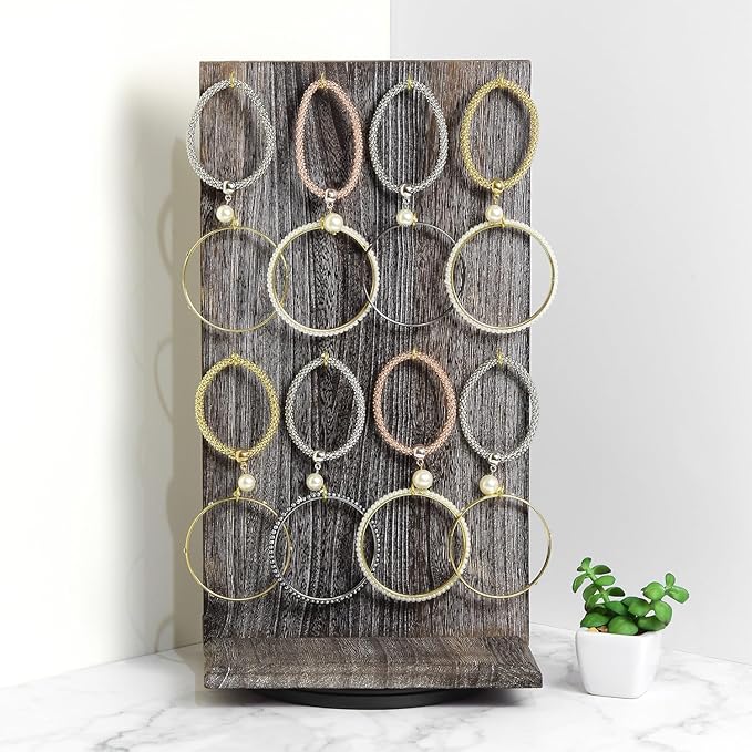 Ikee Design Wooden Rotating Two-Sided Jewelry Display Stand, Rotating Organizer with 32 Hooks for Store, Keychain Earring Display with Hooks, Coffee color, 9 W x 7.5 D x 16.5 H in