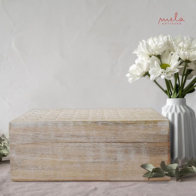 Mela Artisans Extra Large Wooden Keepsake Box | Whitewash Memory & Handcrafted Decorative Storage Chest for Jewelry, Photos & Trinkets | Vintage Style storage Box | Trellis Design | 10.5 x 7.5 x 4