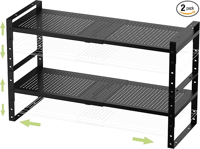Expandable Stackable Aadjustable Shoe Rack Pantry Shelf for Kitchen Cabinets Counter Shelves Countertop Cupboard Storage Solution,Sturdy Heavy-Duty Metal Construction(2Packs/Black/Large)