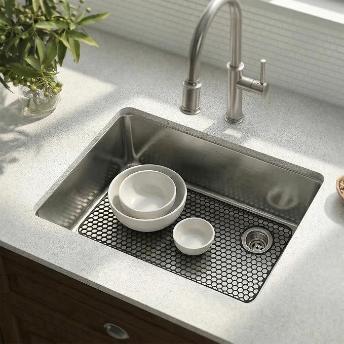 Silicone Sink Mat, 28.62"x 14.76" Heat-resistant Sink Protectors, Drying Mats for Kitchen of Bottom Farmhouse Porcelain Stainless Steel, Kitchen Accessory, Right & Left Drain（Grey）