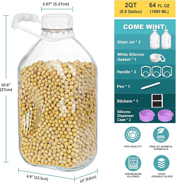 2 Pack 64 Oz Heavy Duty Glass Milk Bottle with 1 Silicone Spout and 3 Reusable Airtight SCREW LID, 2 Qt Glass Water Bottle with 2 Exact Scale Lines - Milk Jug Pitcher - 1/2 Gal Juice Bottles