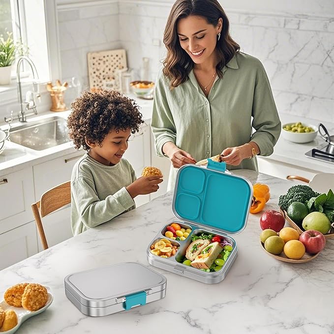 LOHASOK Stainless Steel Bento Lunch Box, 3-Compartment Food Container Large 800ML Metal Bento Box for Kids or Adults with Lockable Clips to Leak Proof Blue