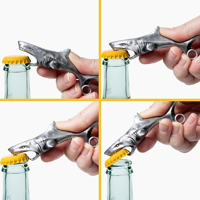 Great White Shark Bottle Opener - Heavy Duty Beer & Soda Cap Opener - Unique Ocean Theme Bar Tool - Fun Beach House Kitchen Gadget Gift (Antique Silver)