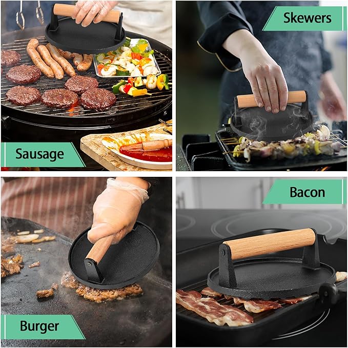 HaSteeL Cheese Melting Dome & Burger Press, Stainless Steel Basting Steaming Cover & Round Cast Iron Bacon Press, Ideal for Flat Top Griddle Grill Hibachi Stove Barbecue, Heavy Duty & Easy to Clean