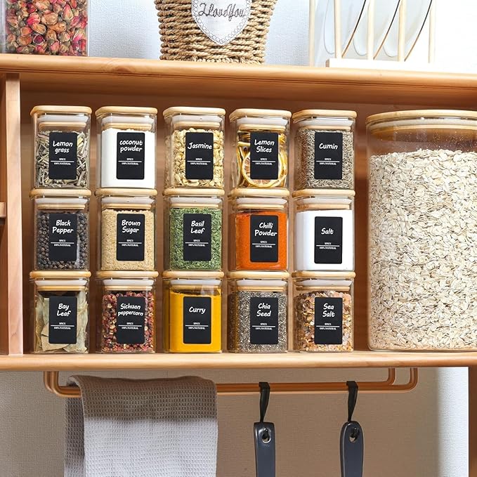 ComSaf Spice Jars with Label 4oz 16 Pack, Glass Spice Jars with Bamboo Lid, Small Seasoning Containers with 54 Black Labels, Stackable for Kitchen, Pantry Organization, Loose Tea, Herbs, Powders, Salt