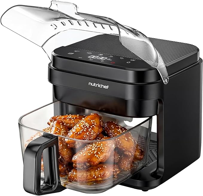 NutriChef 5.8 Quart Air Fryer | Glass Airfryer with 8-in-1 Digital Presets | Stainless Steel Fryer Design | Glass Fry Bowl with Flip-Up Safety Shield | Compact Air-Fryer for Even Cooking | Black