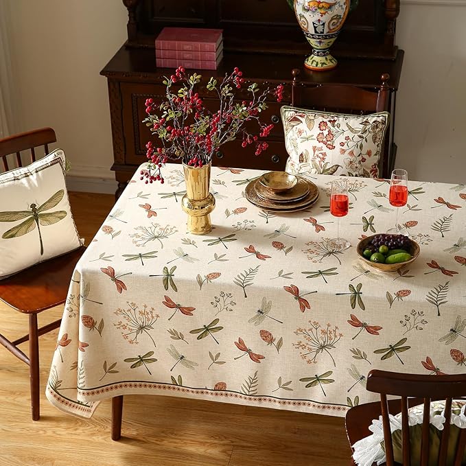 ISAENNE Designer Floral Linen Long Rectangle Tablecloth,French Off White Elegant Table Cloth,Washable Home Decor Tablecloths for Dining Thanksgiving Kitchen Christmas,63"*94"-Grace B