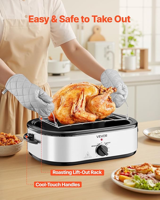 VEVOR Roaster Oven, 18QT Electric Roaster Oven, 150-450℉ Adjustable Temperature Electric Roasting Pan with Self-Basting Lid, Cool-Touch Handle, Defrost & Warm Function, Stainless Steel Turkey Ovens