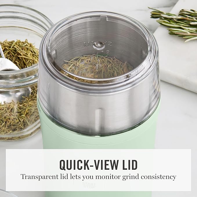 Martha Stewart Electric Coffee & Spice Grinder, Dual 2.5oz Removable Bowls, Storage Lids, Stainless Steel Blades, One Touch Pulse Control, 2-in-1 Compact, Beans & Spices, Herbs & Nuts, Honeydew Green