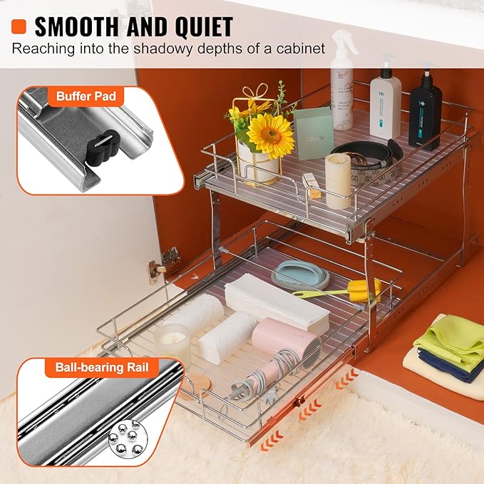 VEVOR 2 Tier 17"Wx21.2"Dx15.2"H Pull Out Cabinet Organizer, Heavy Duty Slide Out Pantry Shelves, Steel Roll Out Drawers, Sliding Drawer Storage for Home, 18.5"Wx22.5"Dx19"H Install Size for Cabinet