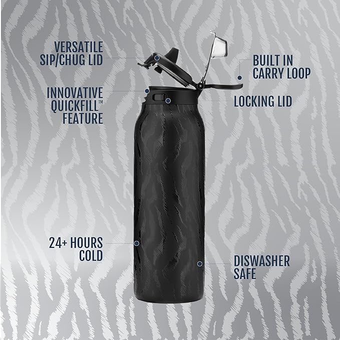 Ello Pop & Fill 32oz Stainless Steel Water Bottle with QuickFill Technology, Double Walled and Vacuum Insulated Metal, Leak Proof Locking Lid, Straw and Chug, Reusable, BPA Free, Black Zebra