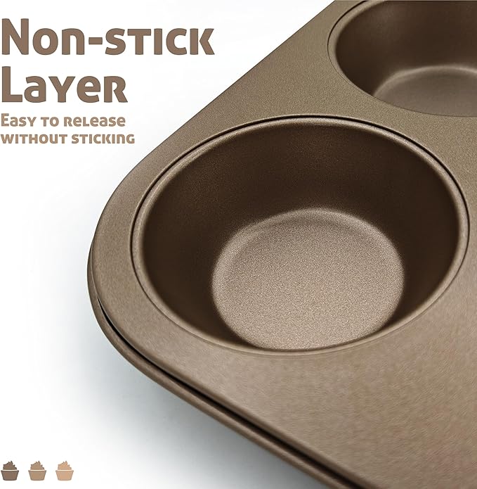 Satax Muffin Pan for Baking, Nonstick Cupcake Tin 6 Cup,sets of 2,Heavy Duty Steel Muffin Pan (Gold, 6-cup)
