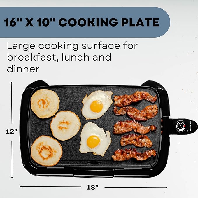 OVENTE Electric Griddle with 16 x 10 Inch Flat Non-Stick Cooking Surface, Adjustable Thermostat & Electric Countertop Double Burner, 1700W Cooktop with 7.25 and 6.10 Inch Cast Iron Hot Plates