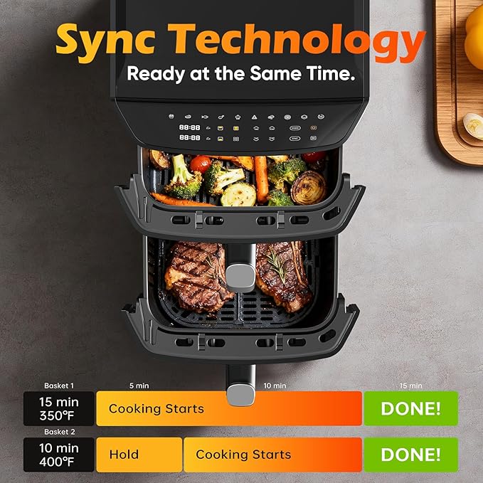 Dual Basket Air Fryer, 12.6QT Family-Size for 10–12 People, XL Basket for 6LB Whole Chicken, DoubleStack Compact Design, 10-in-1 Functions with Reheat, Dehydrate & SyncFinish, Dishwasher-Safe, Black