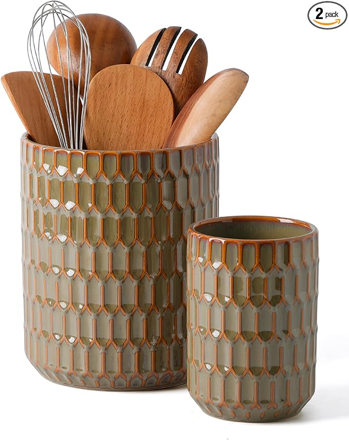 Utensil Holder, 7.5"+5.3" Ceramic Kitchen Utensil Holder for Countertop, Large Cooking Utensil Crock for Kitchen Counter, Set of 2, Green