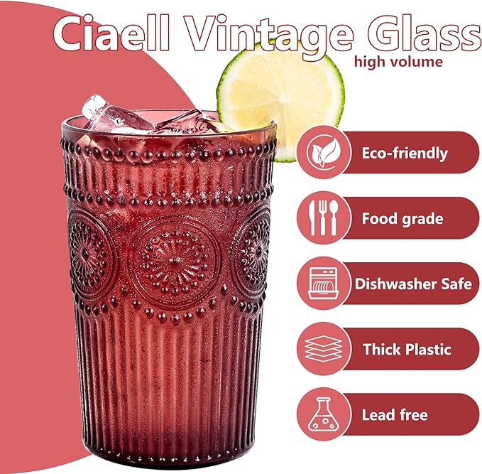 Ciaell 12 Pack Romantic Plastic Water Glasses - 14 Oz Burgundy Vintage Drinking Glasses, Embossed Ribbed Plastic Cups, Textured Striped Set for Juice, Beverages, Beer, Cocktail